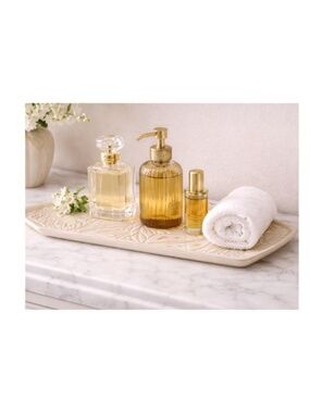 KUZEH Ceramic Vanity Tray 14” Ivory Leaf Design Bathroom/ Dresser Decor